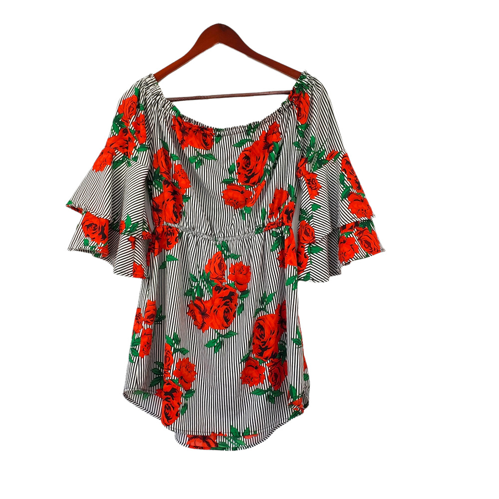 Hint of Blush Sz Medium Stripe Off the Shoulder Bell Sleeve Floral Print Tunic